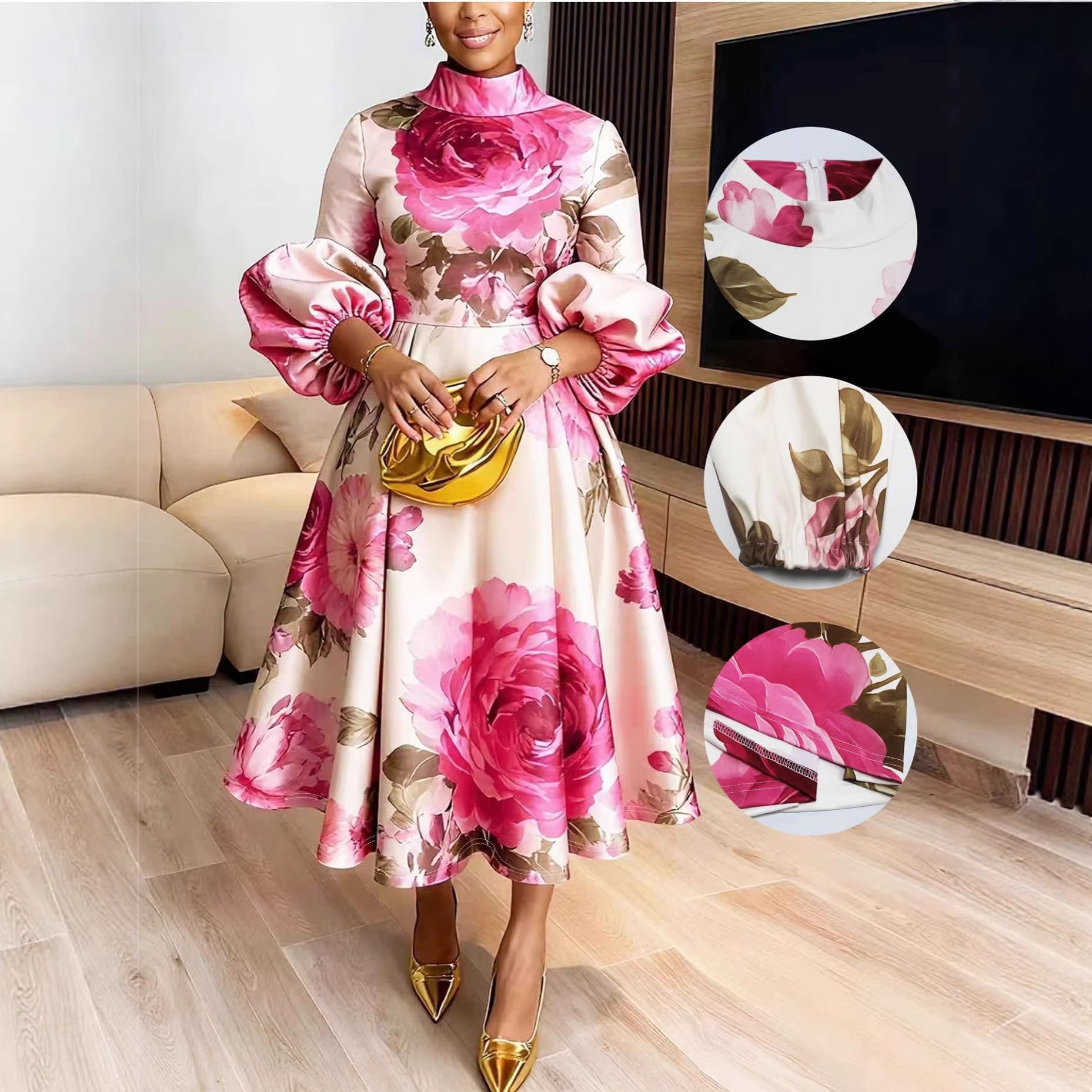 Women's Clothing Elegant Printed Women's Dress With Lantern Sleeves Slim Waist Party Wear
