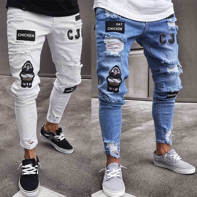 Men'S White High-End Denim Ripped Trend Black Slim Jeans