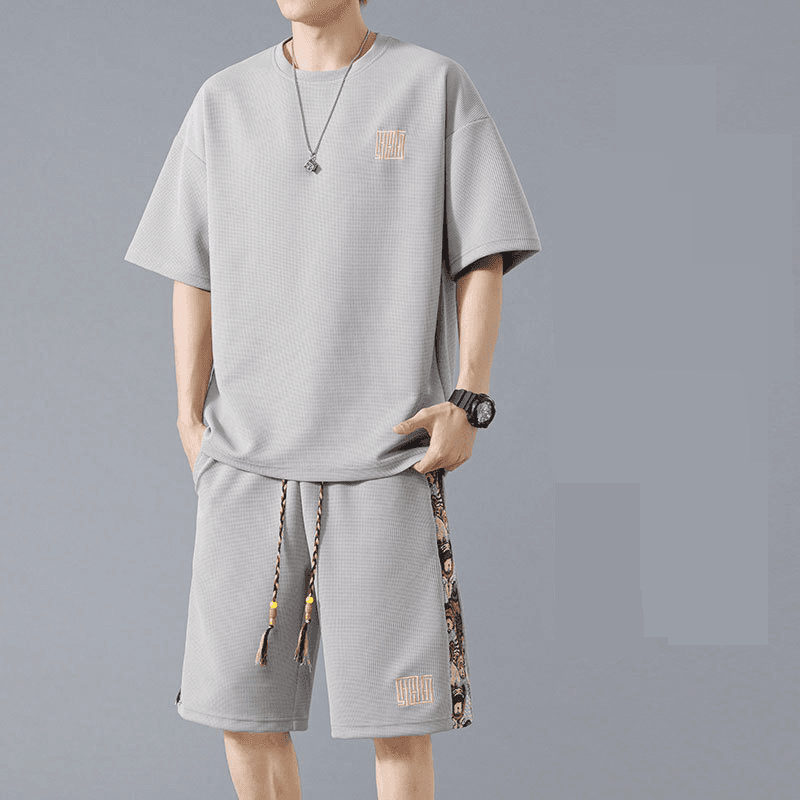 Men's Clothing Summer Sports Suits Large Size Men's Summer Style All Match Waffle Short Sleeved Shorts Two Piece Suit