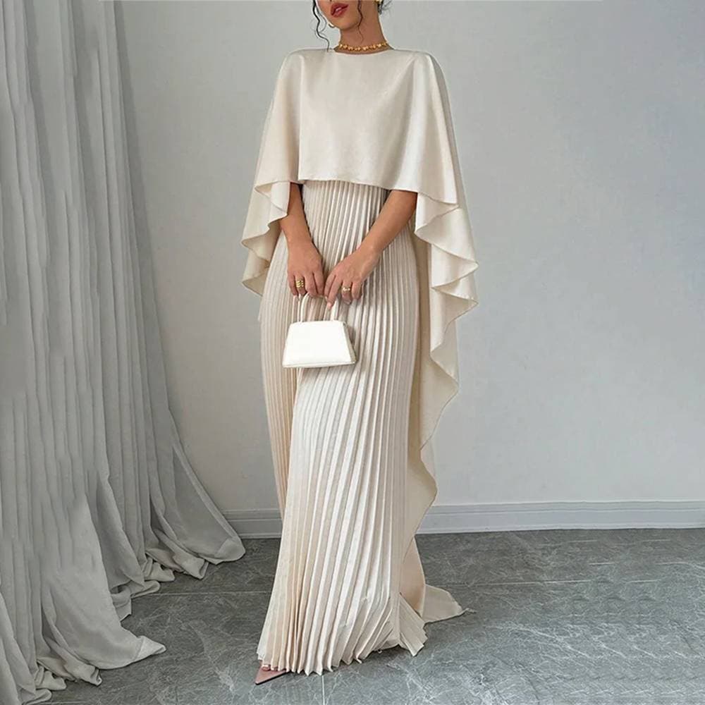 Women's Elegant Batwing Sleeve Pleated Asymmetrical Maxi Dress, Loose Fit Casual Party Gown