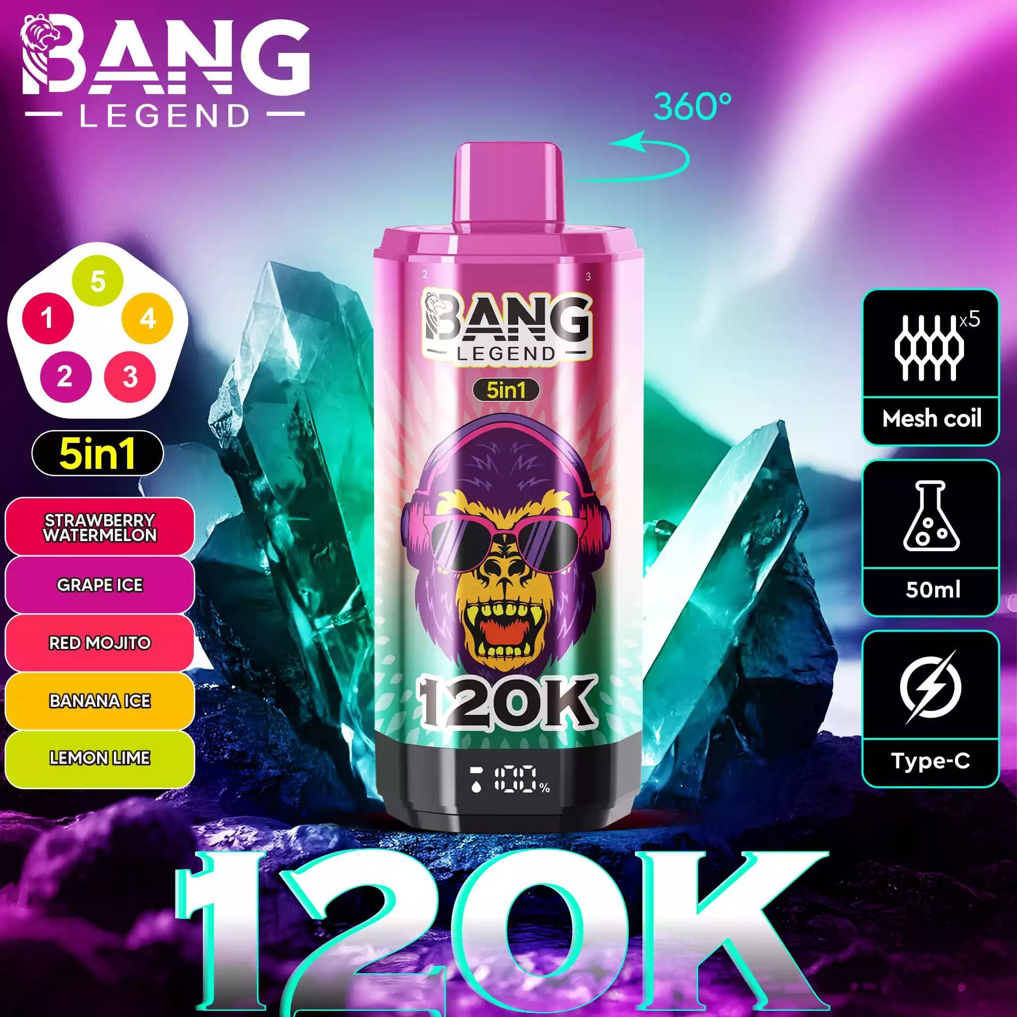 Lot de 2 cigarettes électroniques jetables Bang Legend 120 000 bouffées avec écran, saveurs fruitées et glacées.