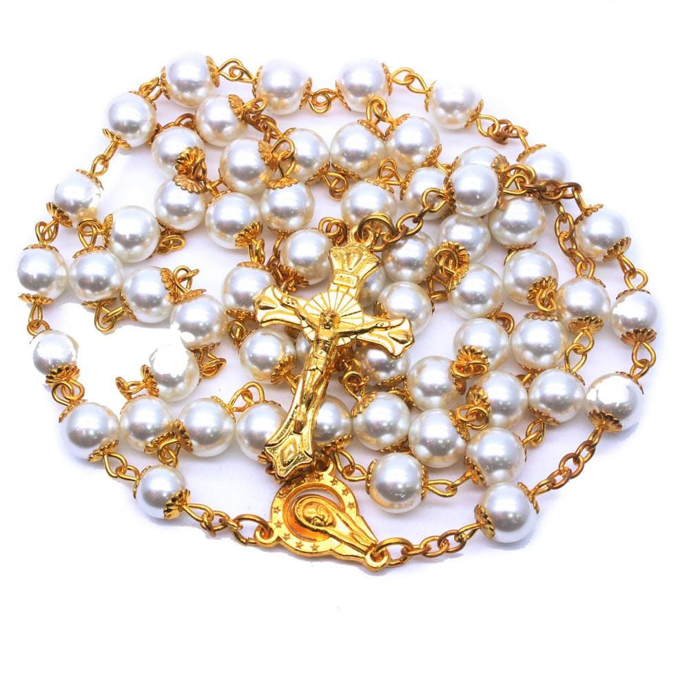 Catholic Round Imitation Pearl Long Chain Necklace Orthodox Rosary Cross Jesus Religious Praying Jewelry Gift Collana
