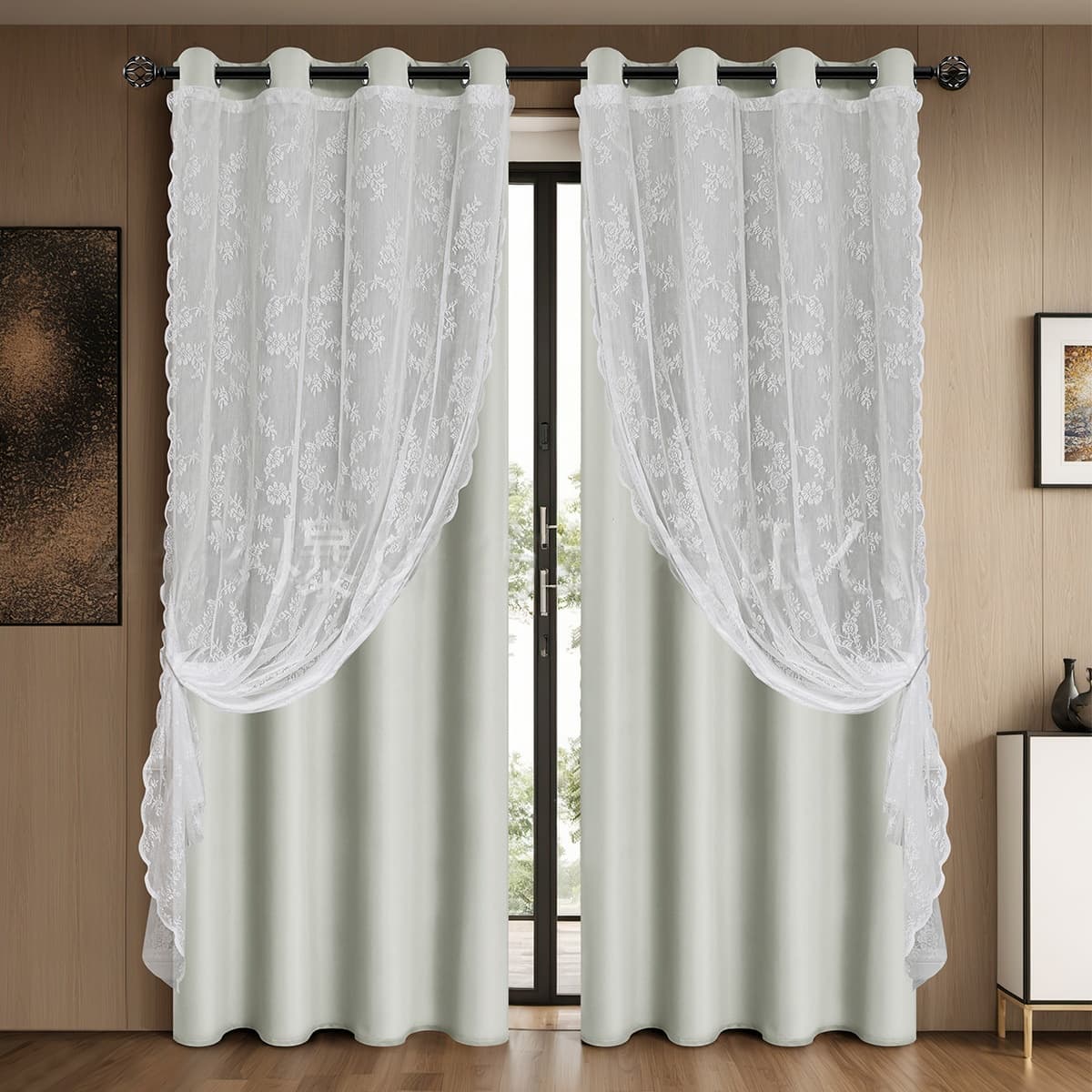 Double Layer Lace Blackout Curtains - Perforated Solid Color Window Drapes With Full Privacy Protection (Elegant Room Dividers)