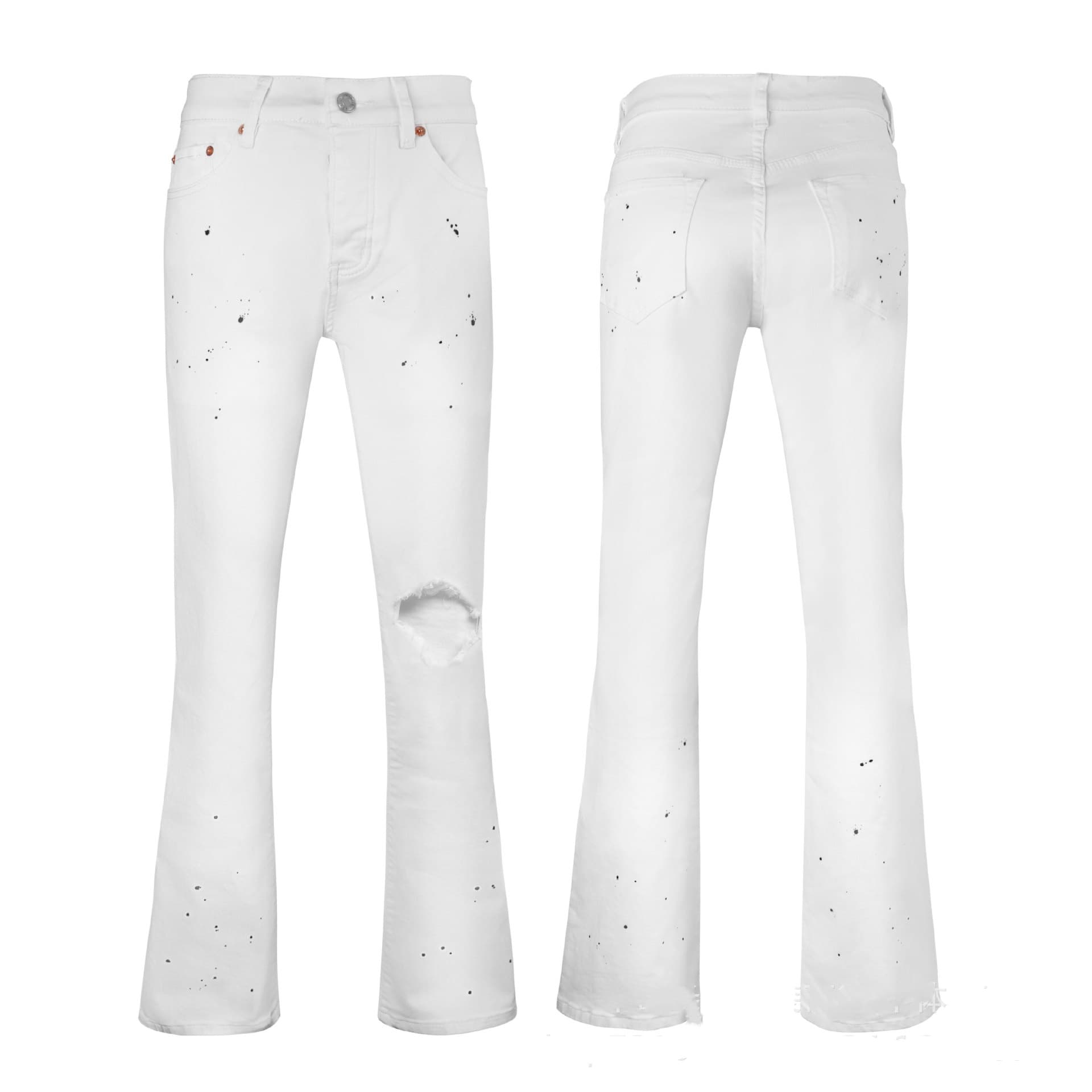 Men's White Flared Denim Pants High Street Curved Hem Slim Fit Stretchy Bootcut Jeans