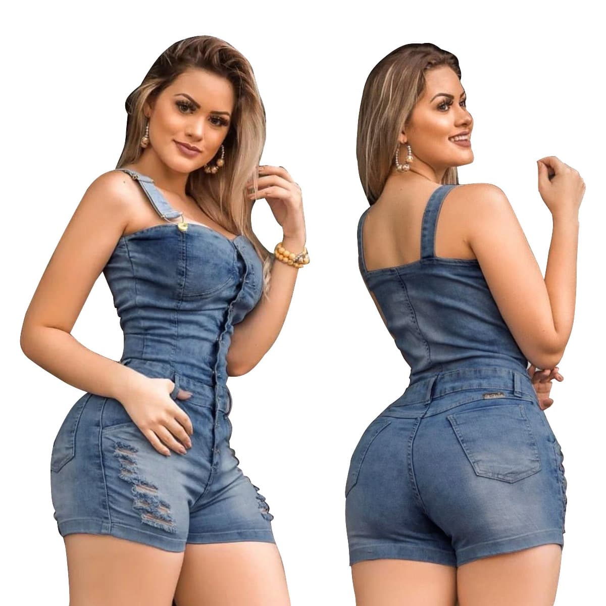 Women's fashion slim-fit romper with white ripped denim shorts