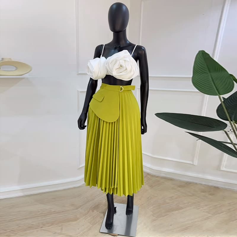 women's clothing summer new high waist irregular lace pleated skirt medium length A-line skirt