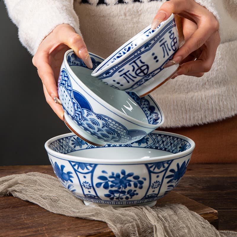 Blue & White Ceramic Ramen Bowl - Hand-Painted Underglaze Soup Noodle Bowl With Elevated Base (Microwave Safe, 45oz Capacity)​​