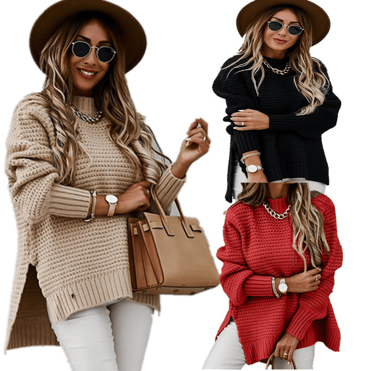 Women's Solid Colour Knitted Pullover Half High Neck Split Knitted Sweater
