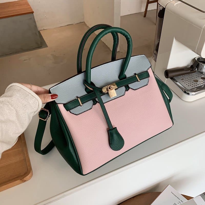 Sac Birkin transfrontalier de grande capacité, sac à main de mode rétro pour femme, commerce extérieur, nouveau grain de litchi, couleur contrast