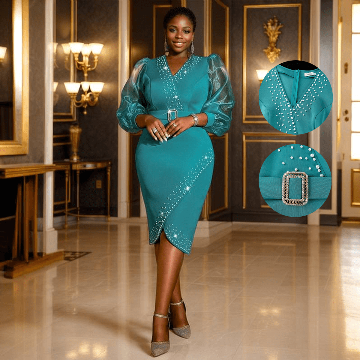Women's Clothing Hot Diamond Puff Sleeve Elastic V Neck Long Dress