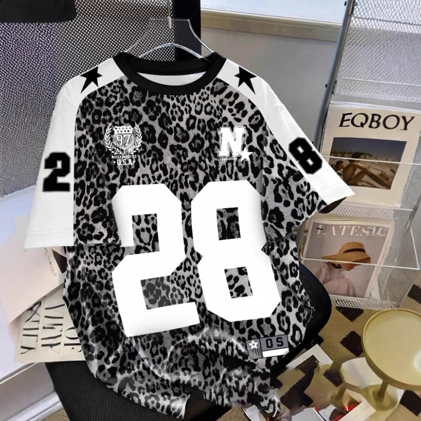 Men's Clothing Round Neck Leopard Print Letter Print High Quality Short Sleeve Retro Loose Jersey Men's T Shirt