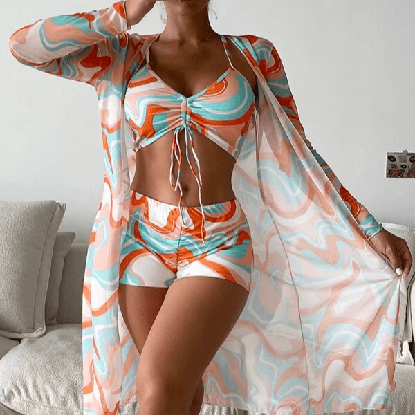 Women's Clothing Mesh Blouse Fashionable Sexy Leg Length Pants Three Piece Women's Swimsuit