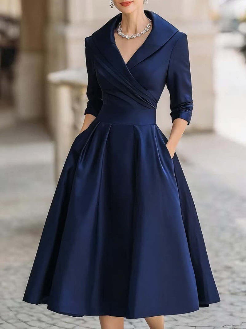 Women Elegant Long Sleeve Turn-down Collar A-line Dress Ladies Mid-Length Evening Dresess Cocktail Party Dresses