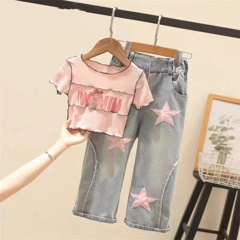 Kids Clothing girls' patchwork printed short sleeved high waisted star jeans two piece set