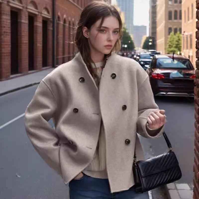 Women's Clothing double breasted solid color woolen coat jacket casual temperament British style all match tops