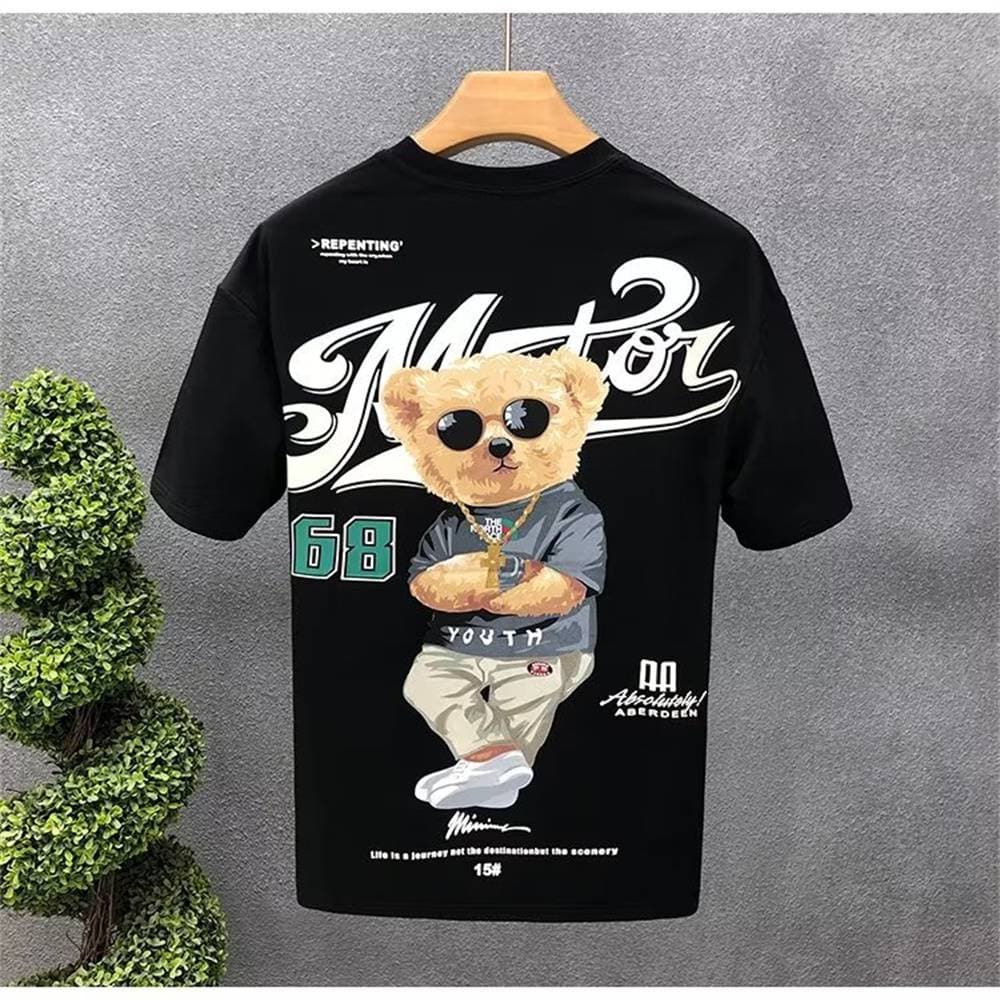 Summer Little Cool Bear Cartoon Short Sleeved T-shirt Men's High End Trendy Brand Loose Round Neck Fashionable Youth Bottom Half Sleeve Top