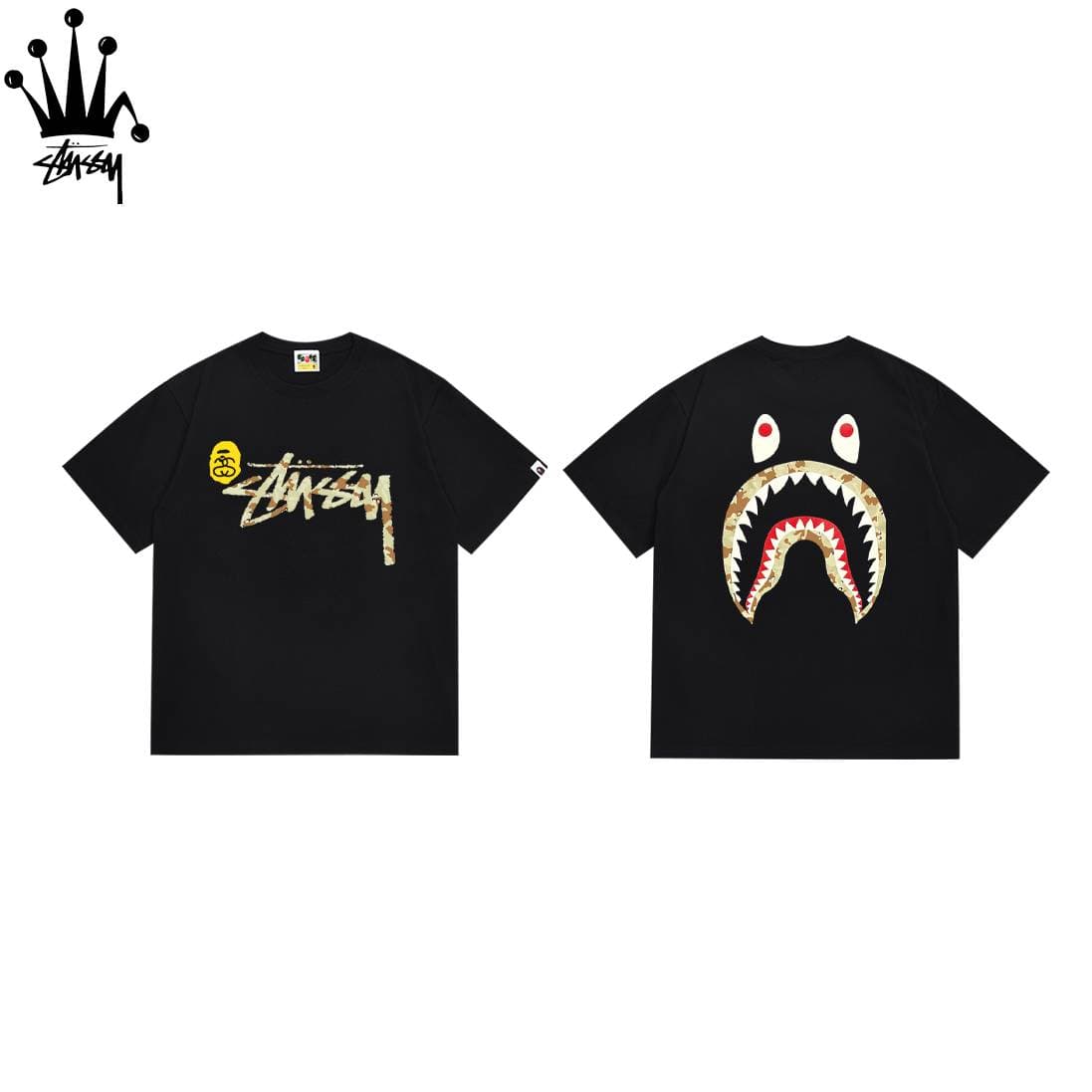 Stussy&Ape Collaboration Front Logo, Back Shark Print, Pure Cotton Short Sleeved T-shirt, Unisex
