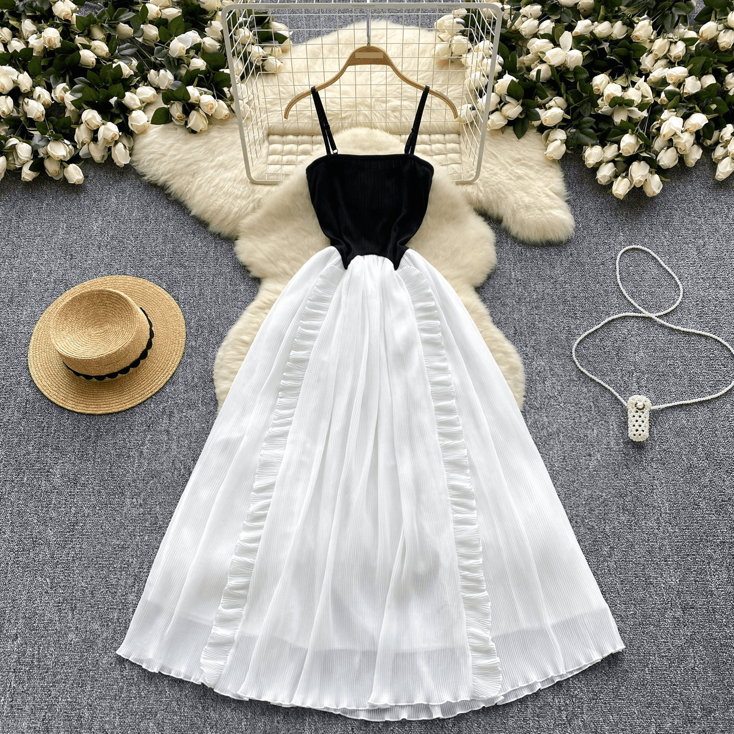 Women's Clothing Retro Contrast Color Tube Top Suspender Dress For Women With Slim Waist And Slim Earrings Stitching Chiffon Holiday Style Long Dress