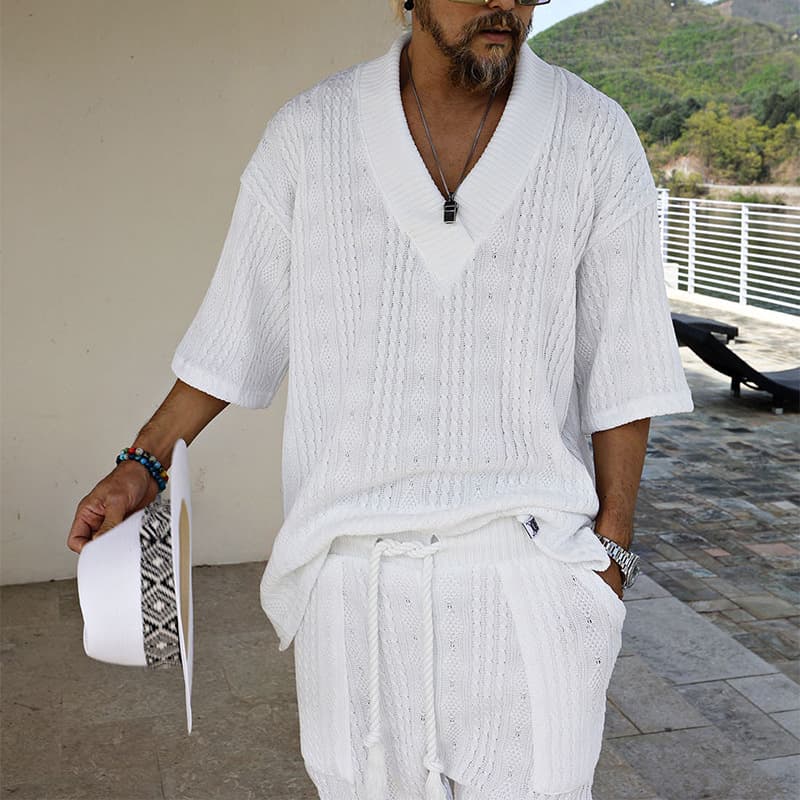 Casual sweater suit men's summer loose short-sleeved T-shirt shorts men's woolen suit men's 2024 summer new style