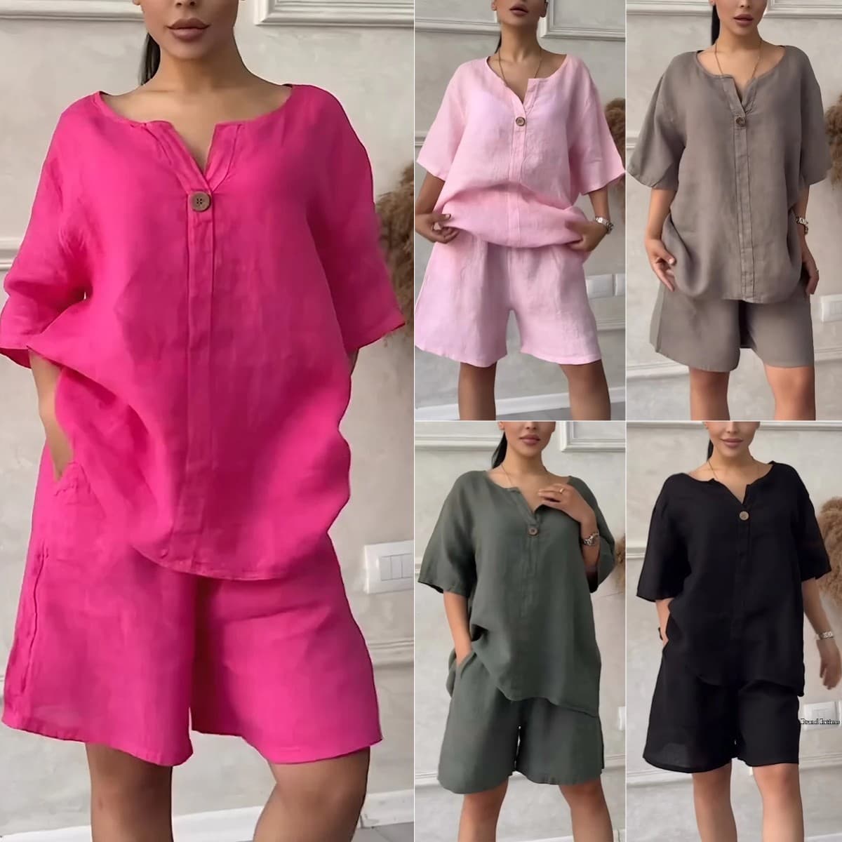 Women’s Clothing Summer New Women's 2 piece Set Large Size Cotton and Linen Shirt Set High Waist Loose Shorts