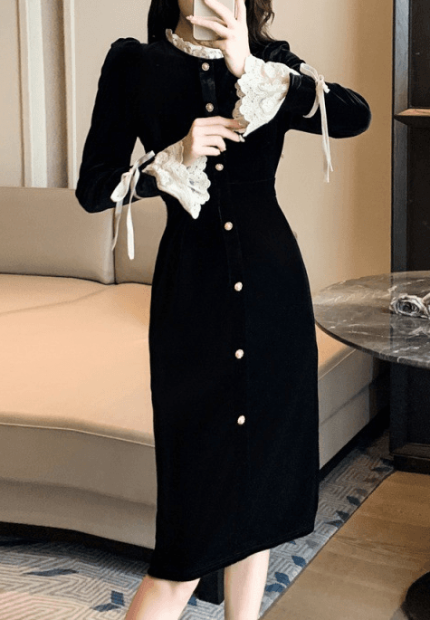 high end French Hepburn style slim velvet dress little black dress annual party dress dress