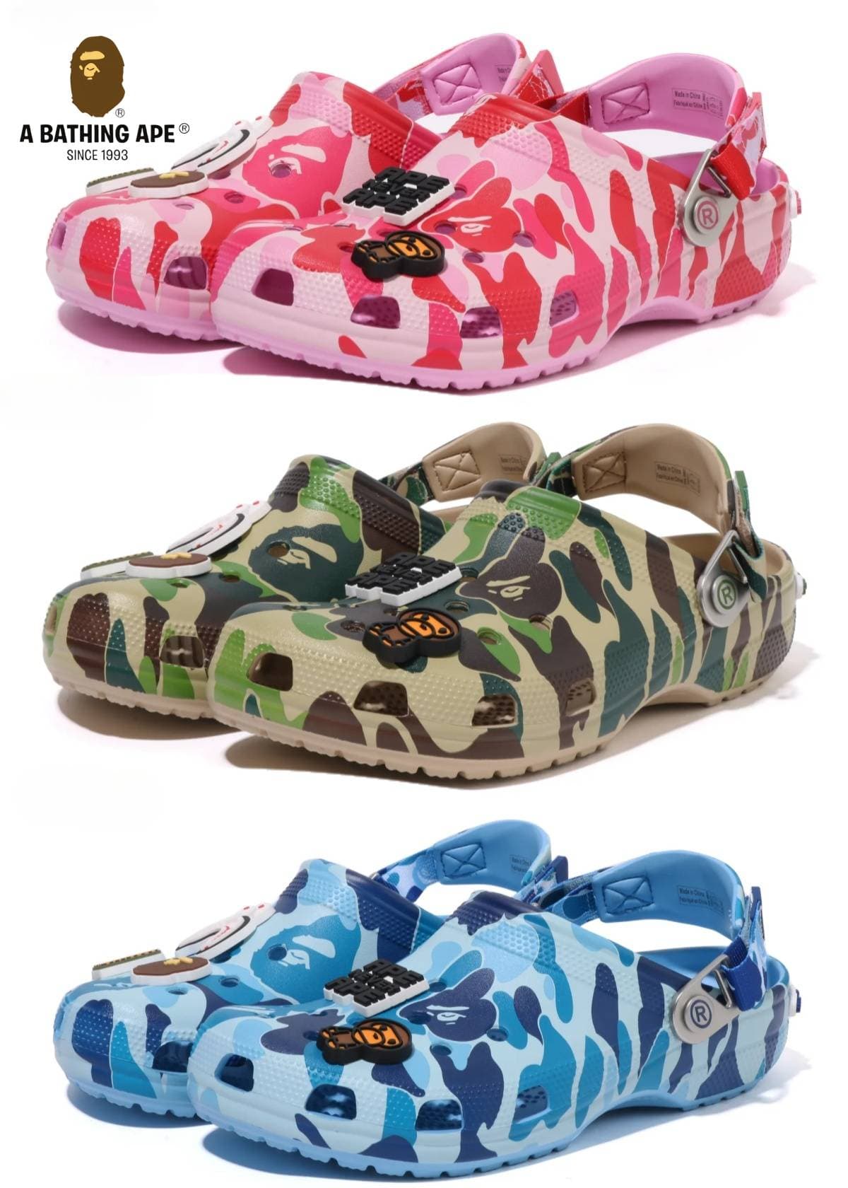 Bape X Crocs-Classic Clog ABC Camo Cave Shoes Camouflage Three Color, Green/Pink/Blue Men'S And Women'S Beach Shoes, Casual Versatile Sandals7