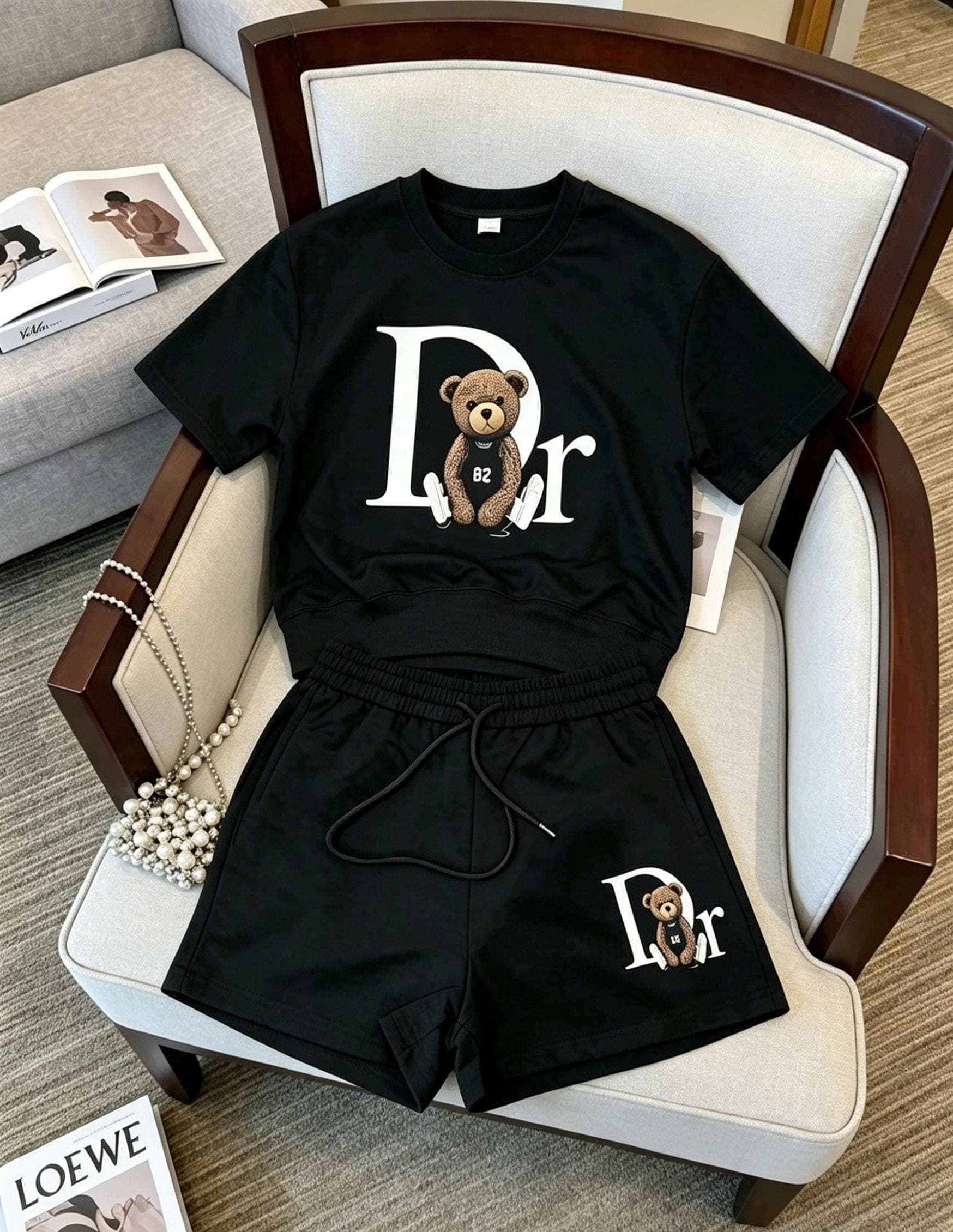 DR Women's Slim Fit Bear Print Pant Set Casual Sportswear Two Piece Student Outfit Korean Style Thin Summer FashionDR