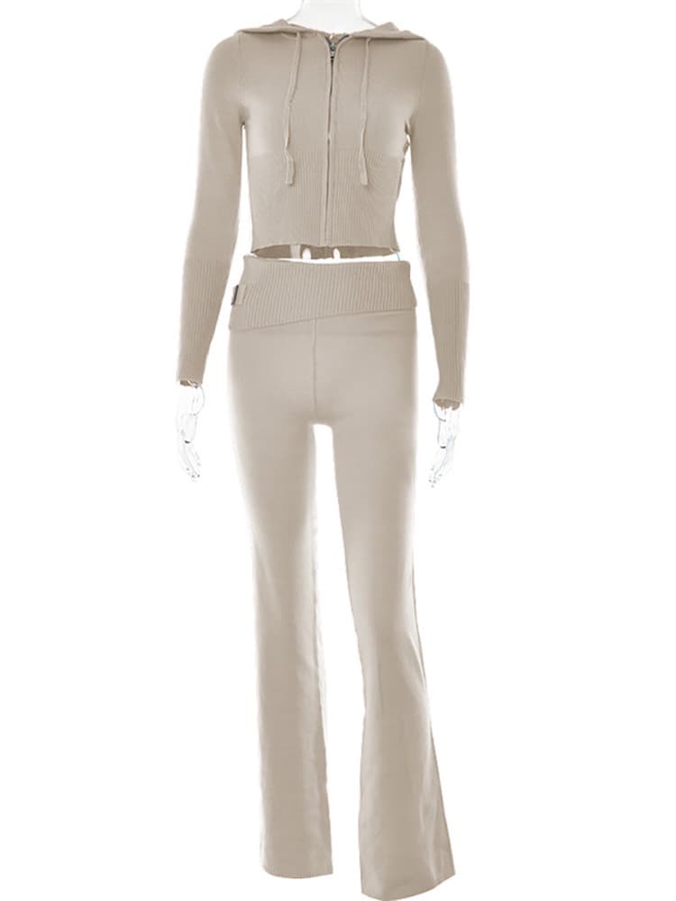 Ensemble deux pièces en tricot à capuche pour femme, nouvelle collection européenne et américaine, à la mode et sexy, taille haute, manches long