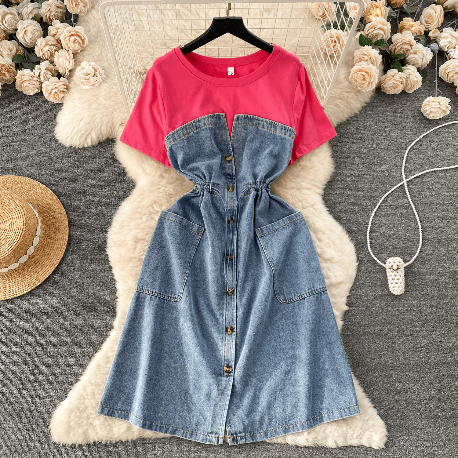 Women's Clothing Reducing Holiday Two Piece Dress For Women French High End Round Neck Short Sleeved Patchwork Waist Denim Long Skirt