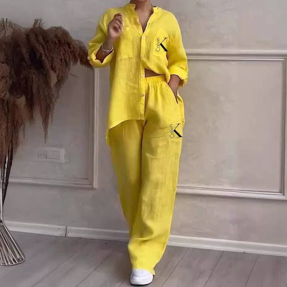 Women's Clothing Casual Cotton Linen Solid Color Shirt Drawstring Wide Leg Pants Suit