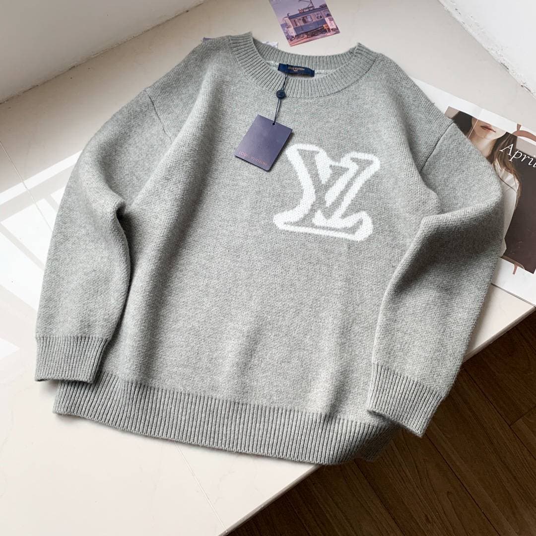 Pull unisexe Louis Vuitton automne-hiver à col rond, logo jacquard bicolore, pour homme et femme