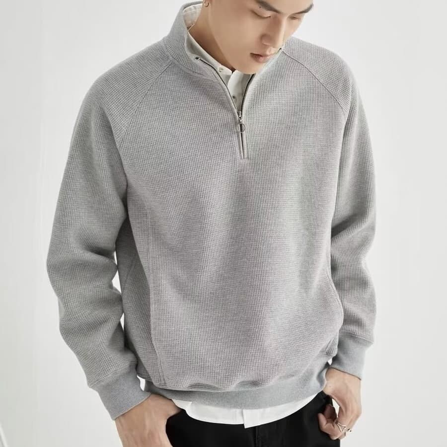 Men's Clothing new half zipper sweater men's spring and autumn retro heavy waffle coat fashion wool top