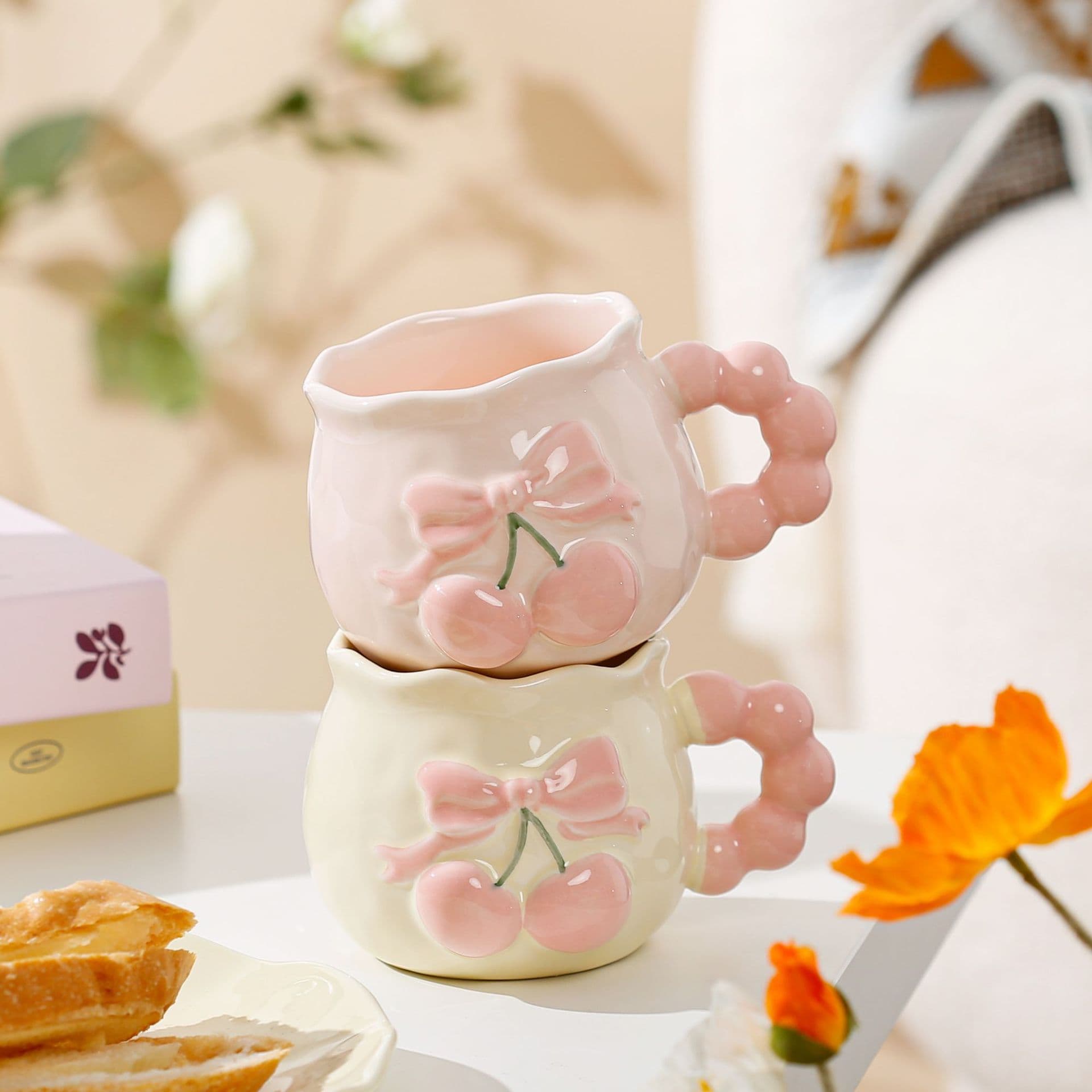 Hand-Painted Embossed Pink Cherry Mug High-Value Cute Ins Style Women's Design Sense Ceramic Water Cup