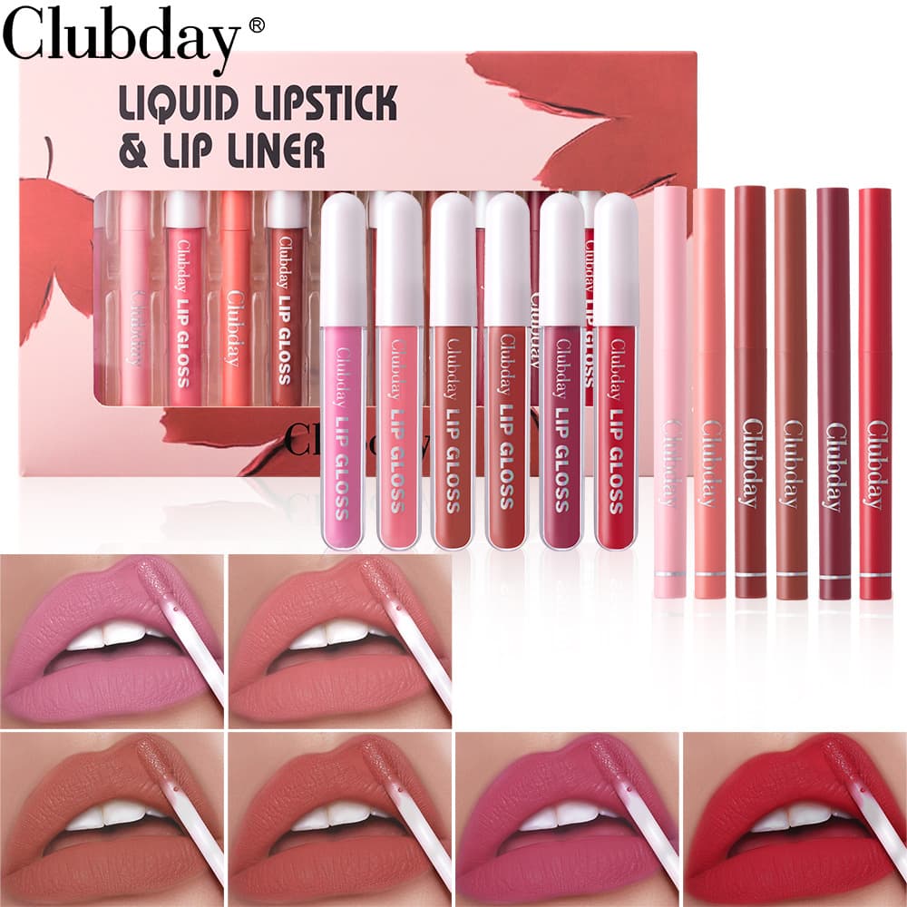 Clubday Long-Lasting Velvet Matte Lip Gloss & Precision Lip Liner 6+6 Combo Set - High-Pigment, Easy-Application Lip Makeup Kit