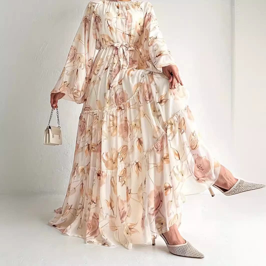 Middle East Cross-border Muslim Women's Clothing New Chiffon Flower Print Long Fashionable And Elegant Dress