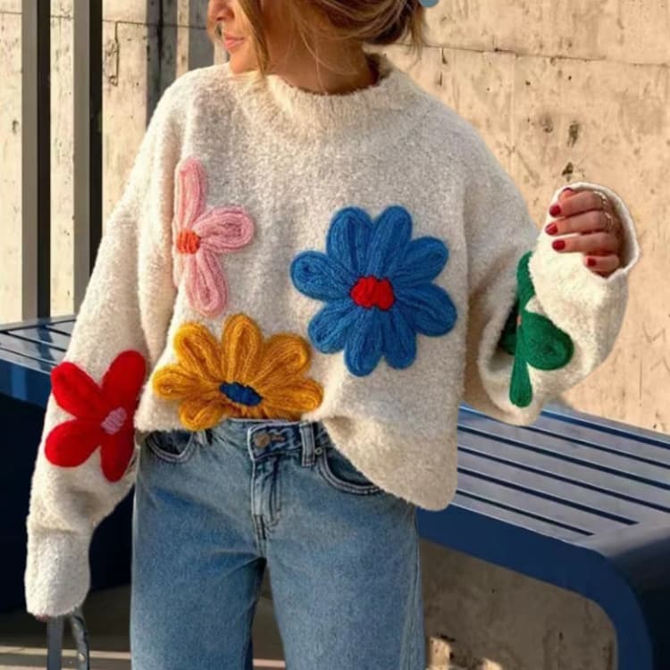Women's Clothing Colored Small Flower Sweater Women Heavy Embroidery Pullover Knitted Sweater Women