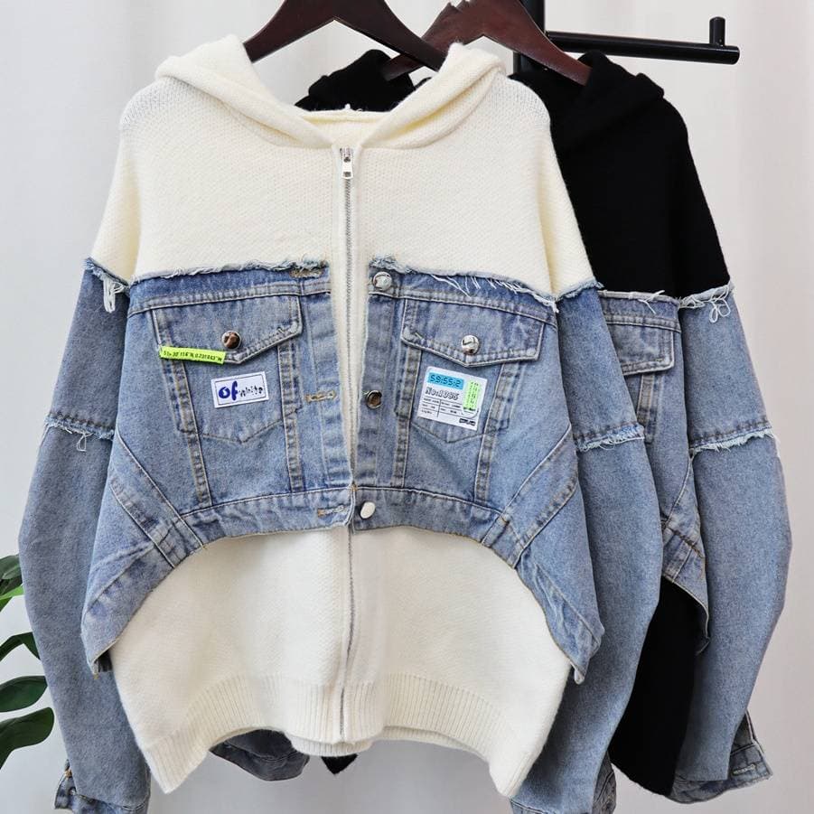 Women's Clothing autumn and winter new patchwork denim knitted cardigan