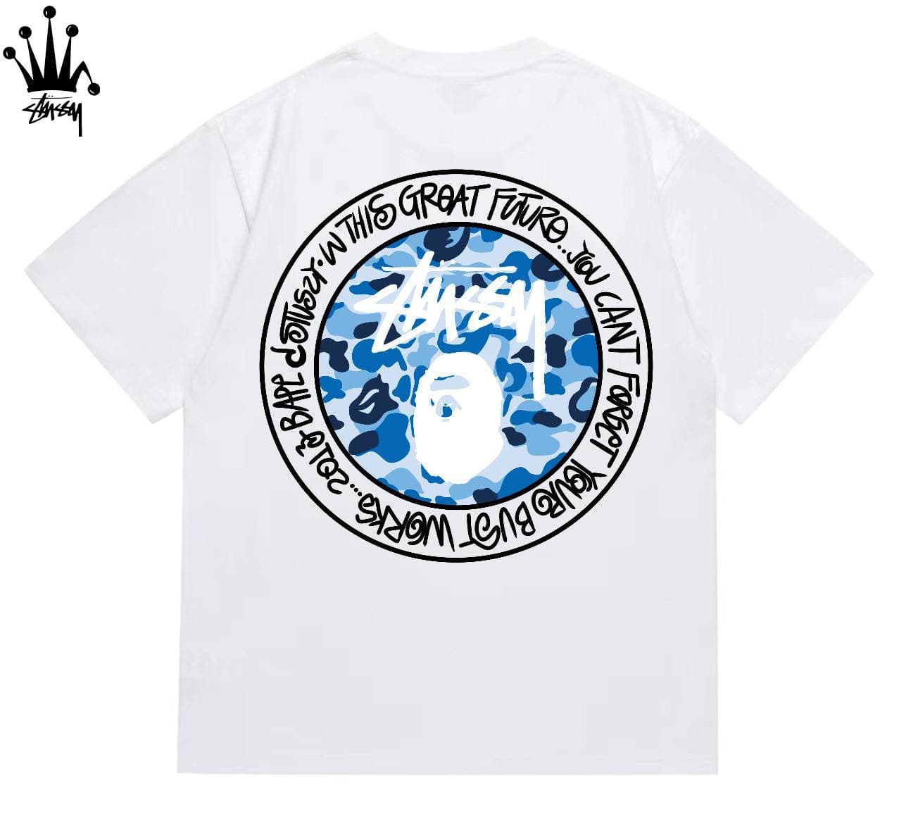Stussy&Ape Collaboration Design With Circular Logo, Lettering, Ape Man Pattern, Printed Pure Cotton Short Sleeved T-shirt, Unisex