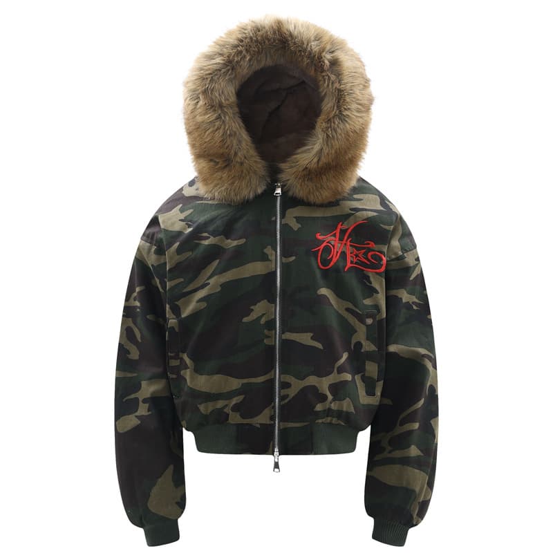 Men’s Winter Streetwear Jacket – Detachable Fur Hood, Loose Fit, Embroidered Hawk Design, Fleece-Lined For Cold Weather