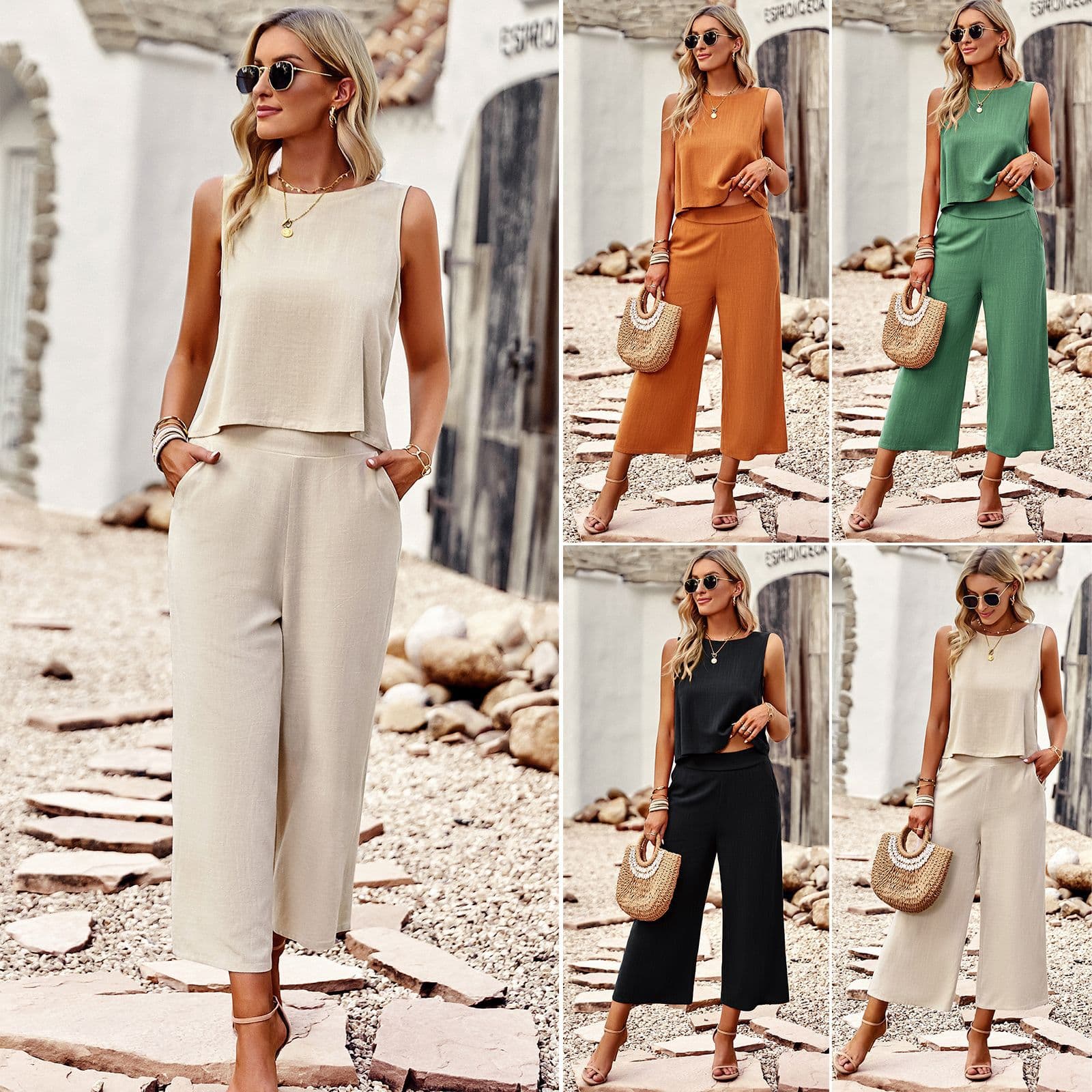 Women's Fashion Set Temperament Sleeveless Top and Capris Two Piece Pants Set
