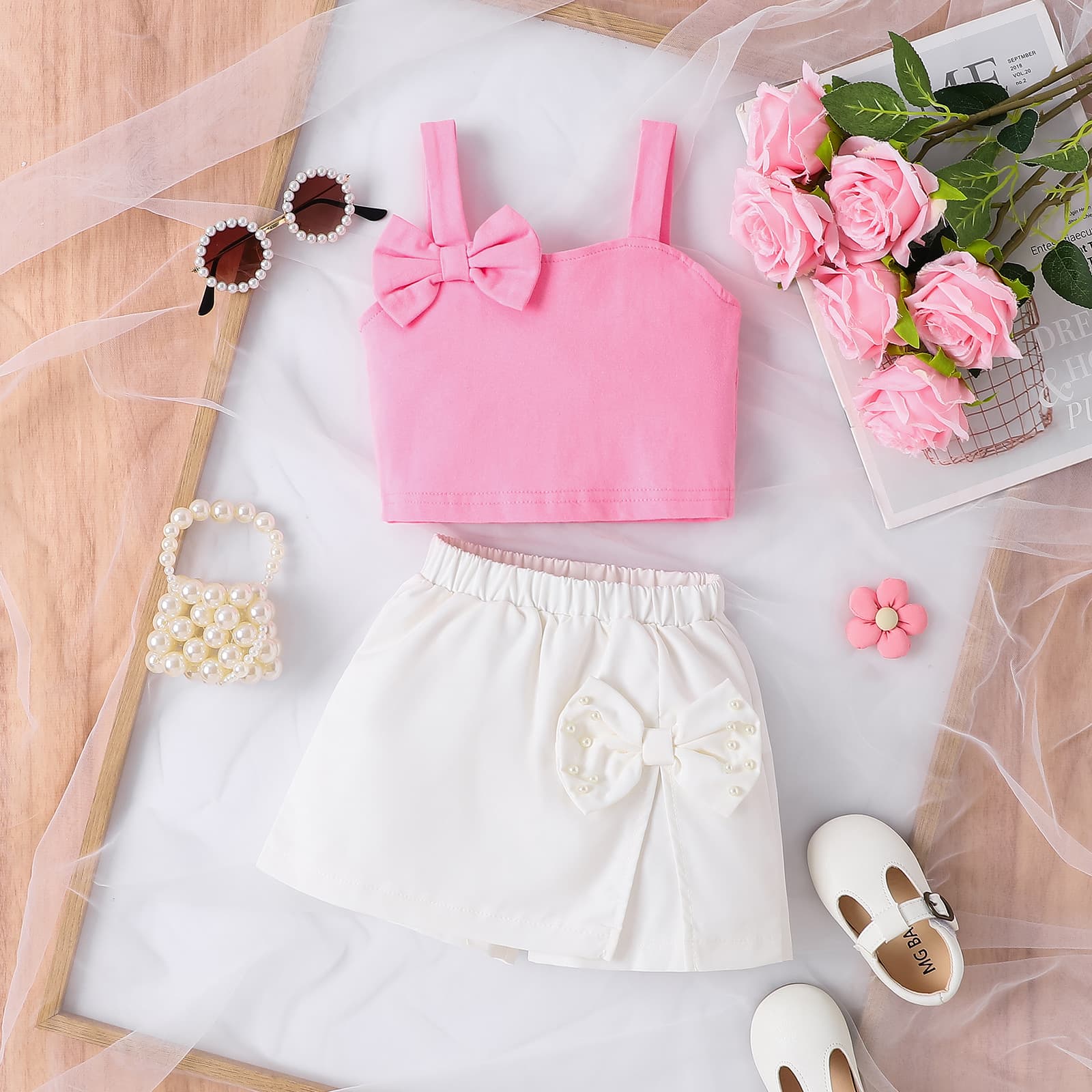 Girls' Summer Outfit Set - Bow Tie Sleeveless Top + White Shorts Skirt, Soft Cotton 2-Piece Set For Toddler & Little Kids (3-8 Years, 100-140cm), Pink