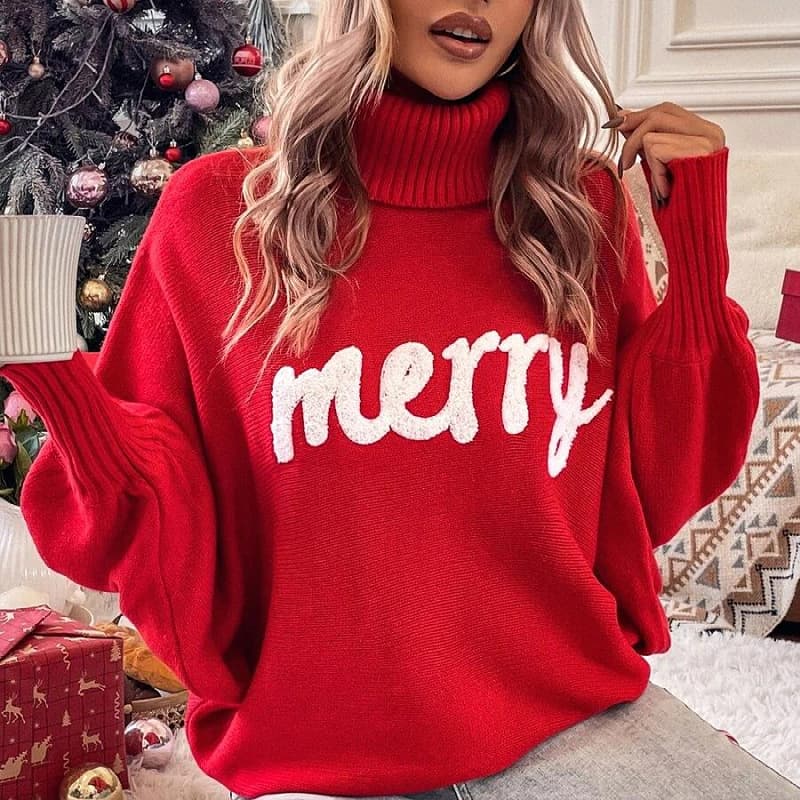 Women's Clothing Christmas turtleneck sweater women's clothing autumn and winter loose bat sleeve outer wear knitted tops women