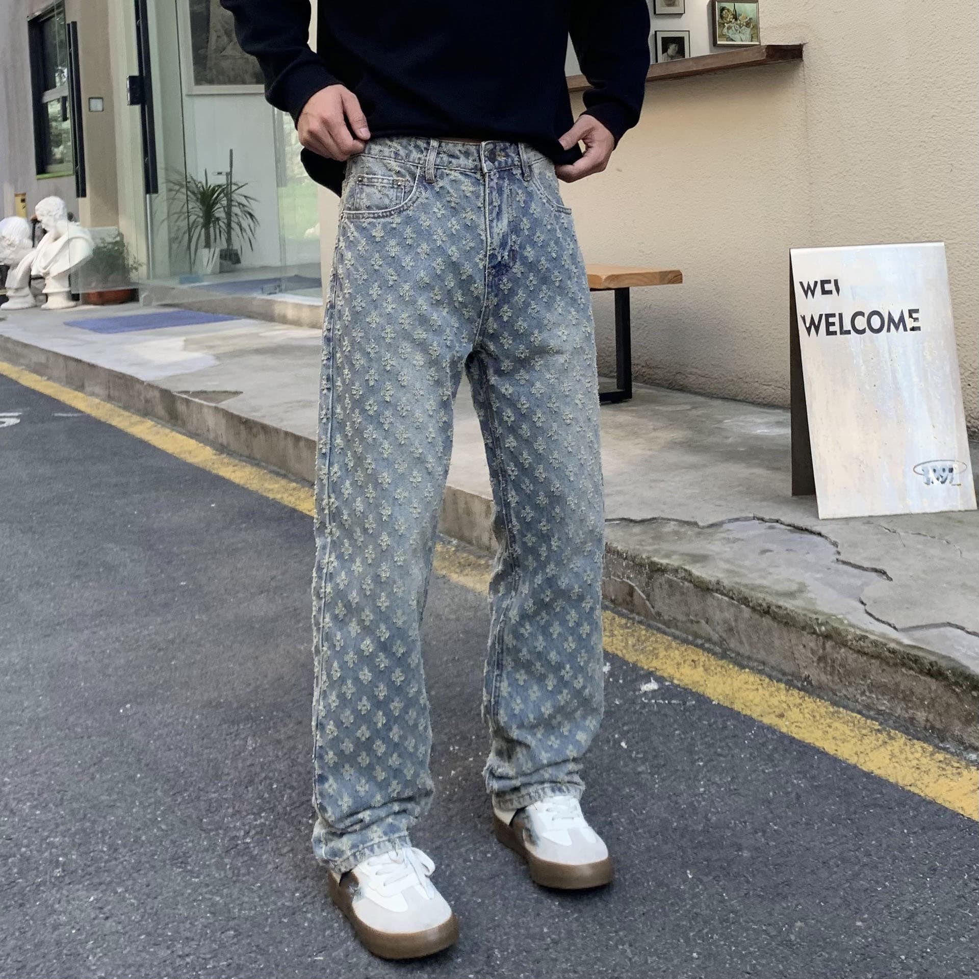 Men's Clothing Pants High Street Ins Trendy Brand Jacquard Full Print Design Jeans Men's Loose Wide Leg Pants Trend