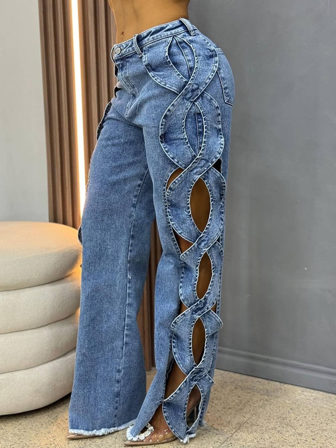 Women's Clothing High-Waisted Wide-Leg Jeans Heavy-Duty Rhinestone Cutout Design Stylish Straight-Leg Pants For Women