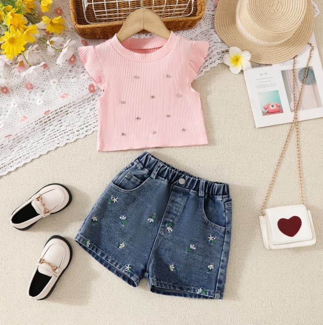 Mother & Kids New Autumn Style Girl's Long-sleeved Round Neck Waist Top And Jeans Two-piece Set