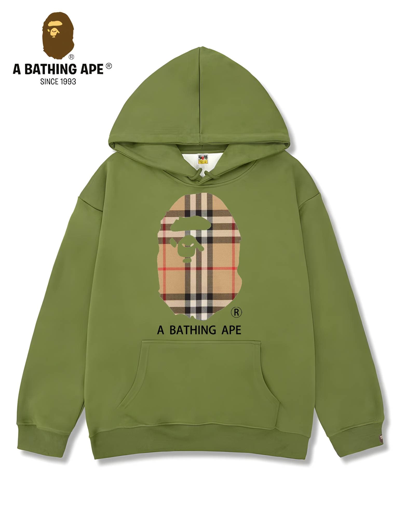 Sweat à capuche unisexe imprimé tête de singe à rayures et logo imprimé, collaboration BAPE-BAPE&BURBERRY