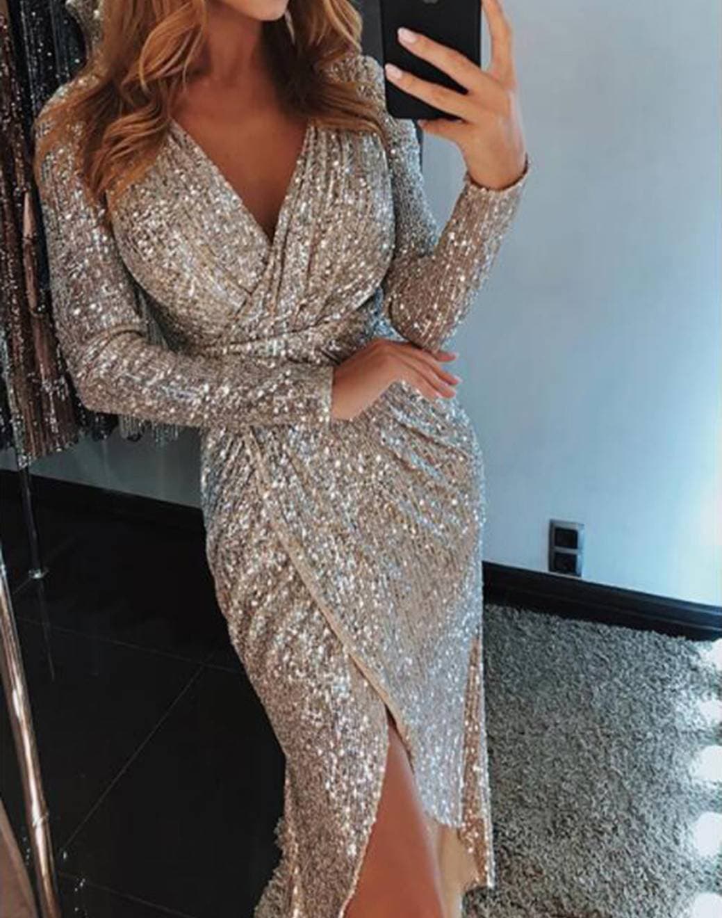 Women's Hot Gold Long Sleeve V-neck Sparkly Dress Dress Dinner Sexy Dress