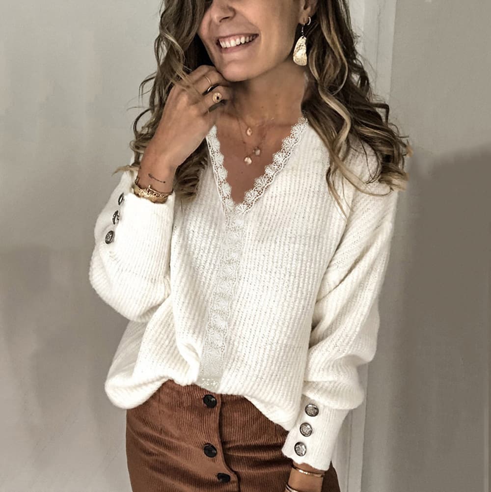 Women's Lace V-neck Coat Head Sweater Ladies Loose Long-sleeved Solid Color Sweater