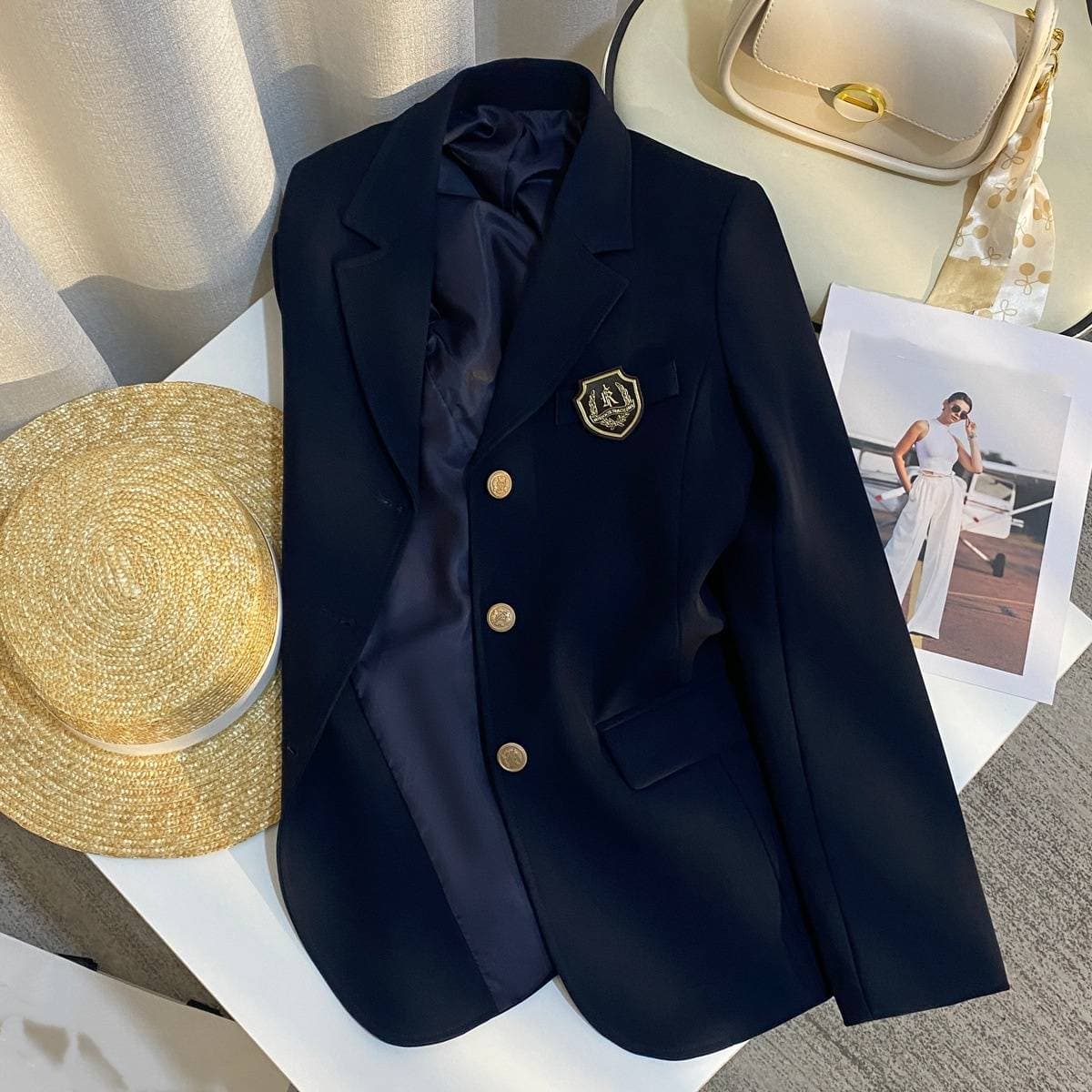 Women's Clothing Navy Blue Design Sense College Style Suit Jacket
