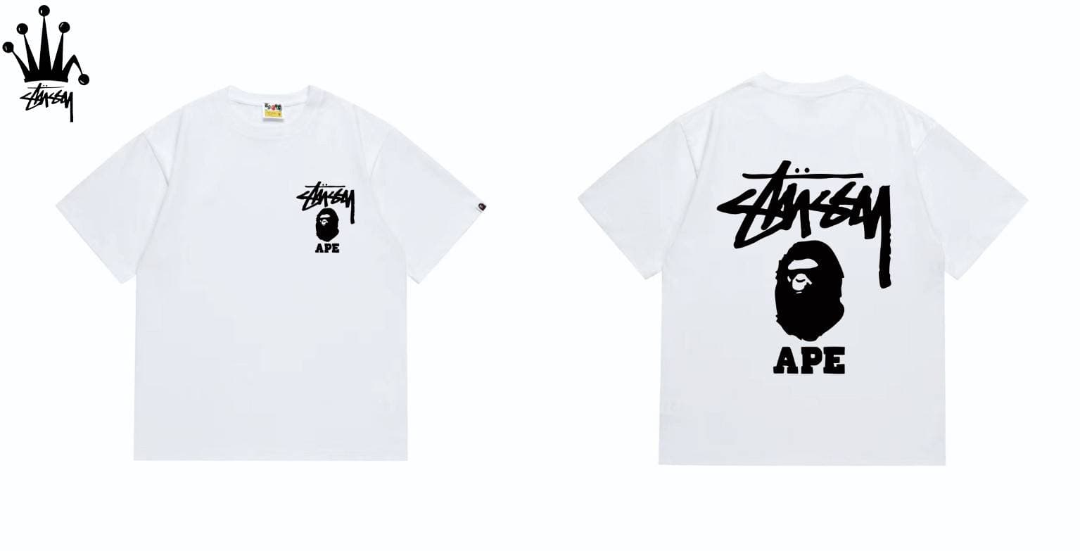 Stussy&Ape Co Branded Logo Letter Ape Pattern Printed Casual Loose Cotton Short Sleeved T-shirt For Men And Women